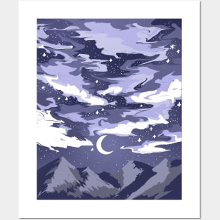 Purple cloudy sky above mountains with a crescent moon Posters and Art